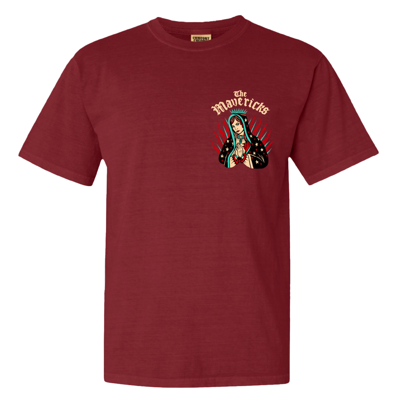 Maroon t-shirt with a colorful Virgin Mary graphic on the chest.