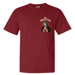 Maroon t-shirt with a colorful Virgin Mary graphic on the chest.