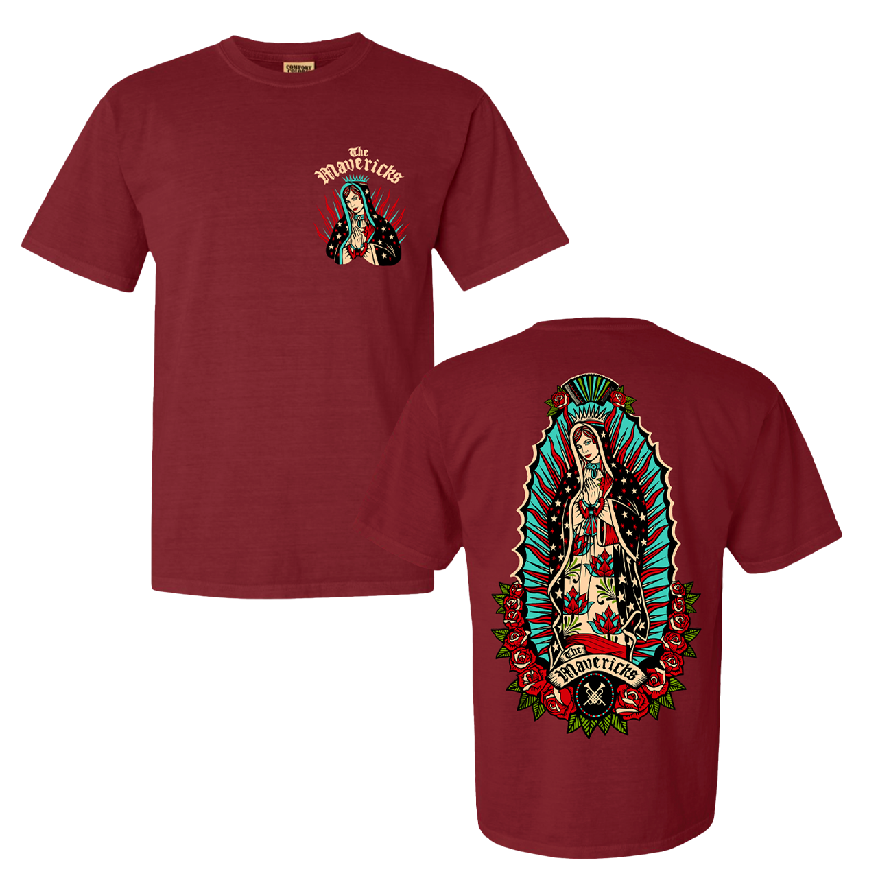 Maroon t-shirt featuring religious imagery on front and back.