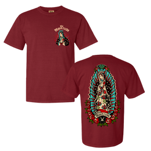 Maroon t-shirt featuring religious imagery on front and back.