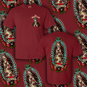 Burgundy t-shirt featuring a religious icon design on the front and back.