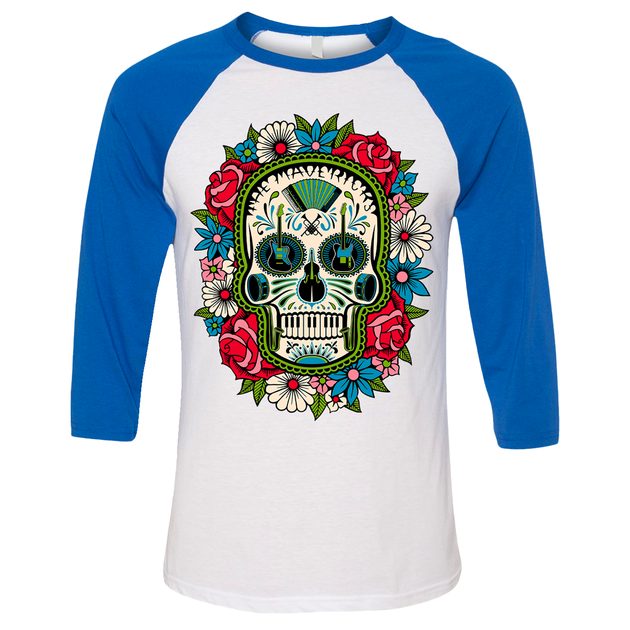 Baseball-style t-shirt with a colorful sugar skull design on the front.