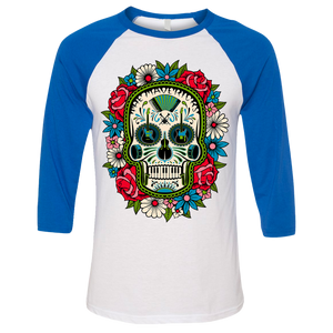 Baseball-style t-shirt with a colorful sugar skull design on the front.