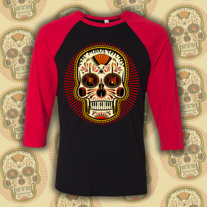 Red and black baseball-style t-shirt featuring a colorful sugar skull design on the front.