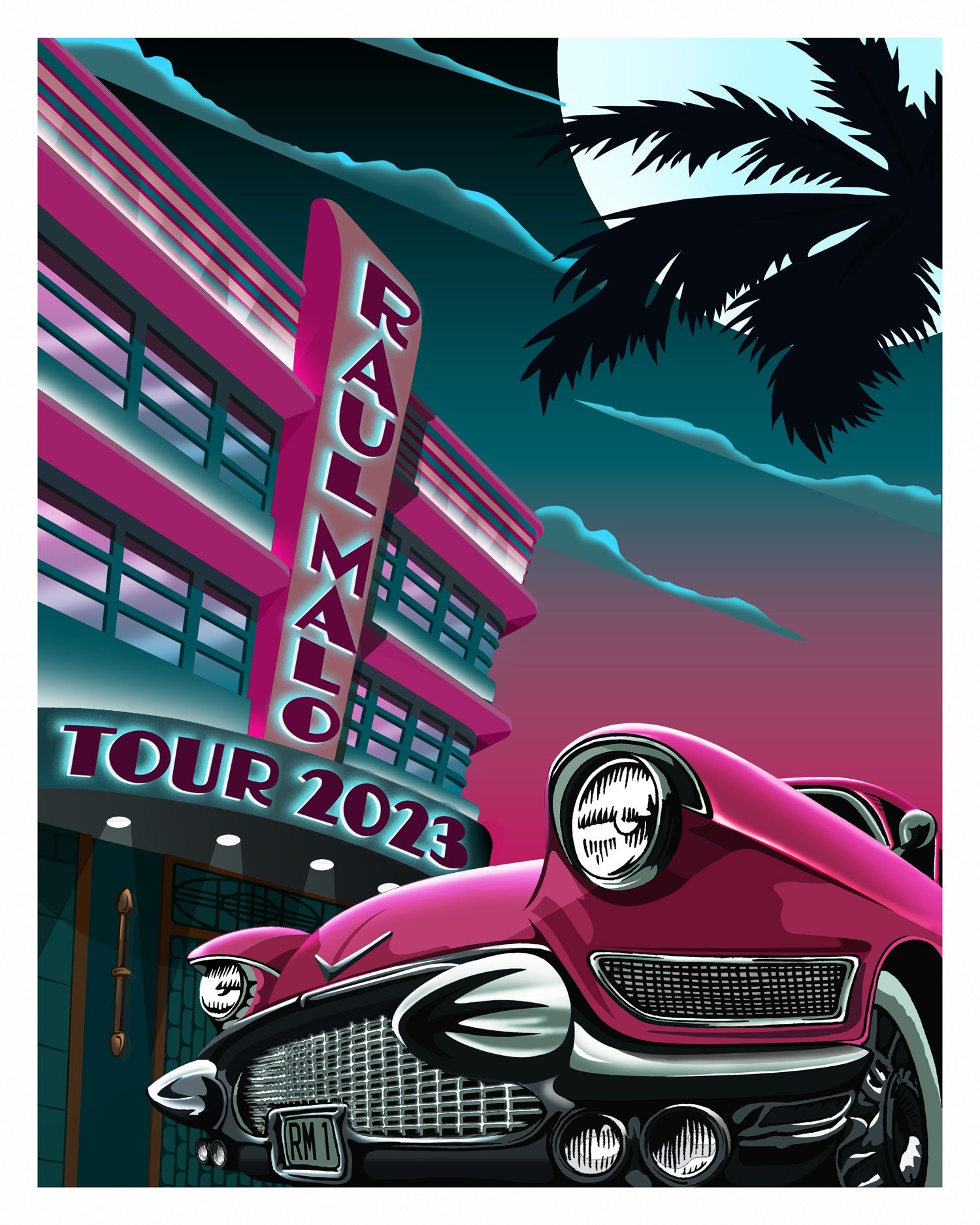 Vintage pink car with chrome details parked in front of a neon-lit ’Raumag Tour 2023’’ sign.