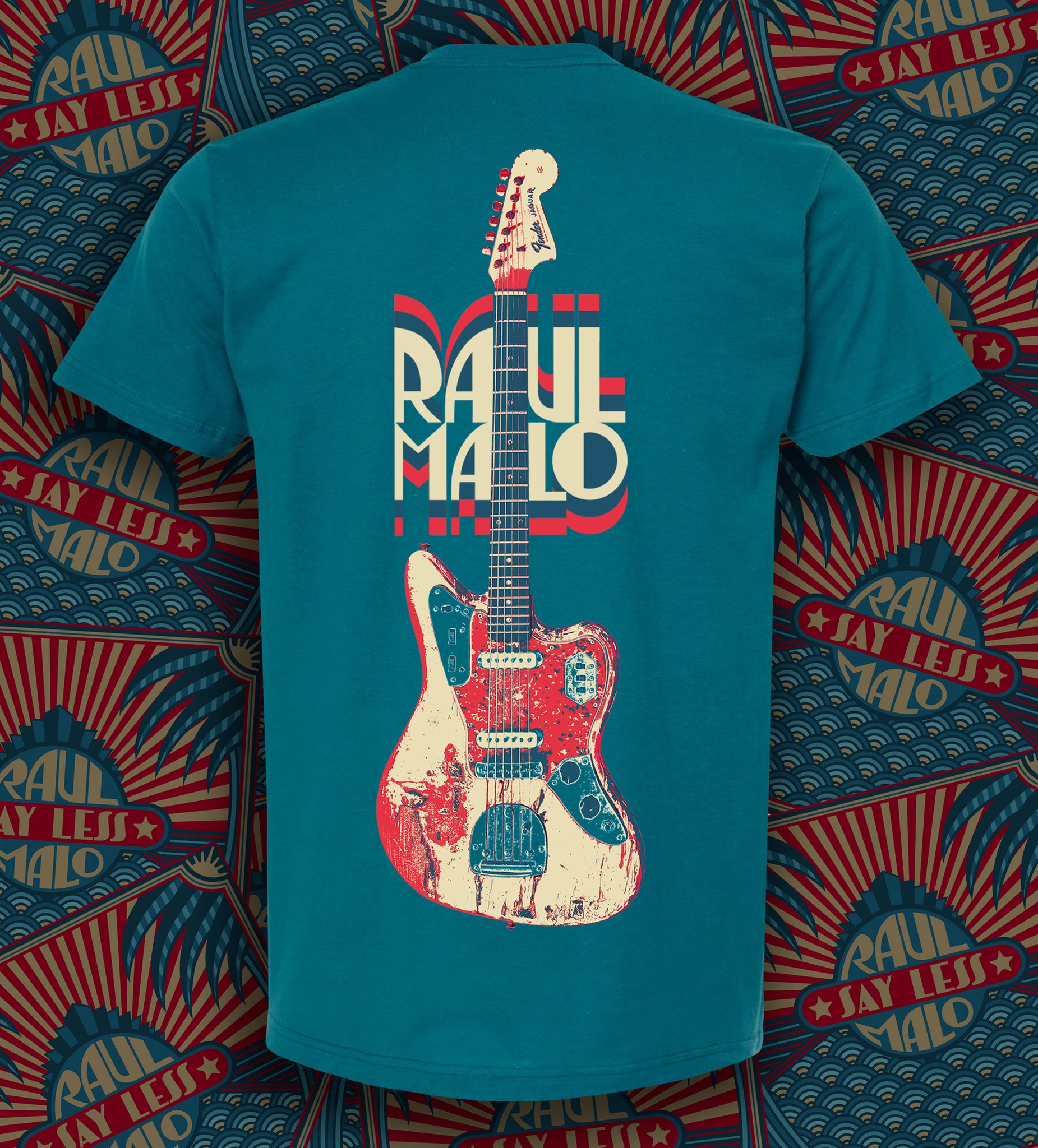 Teal t-shirt featuring a stylized electric guitar design and the text ’RAUL MALO’.