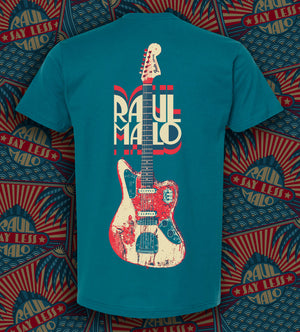 Teal t-shirt featuring a stylized electric guitar design and the text ’RAUL MALO’.