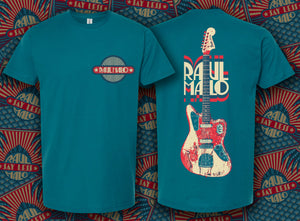 Teal t-shirts featuring a guitar design and ’Paul Malo’ text.