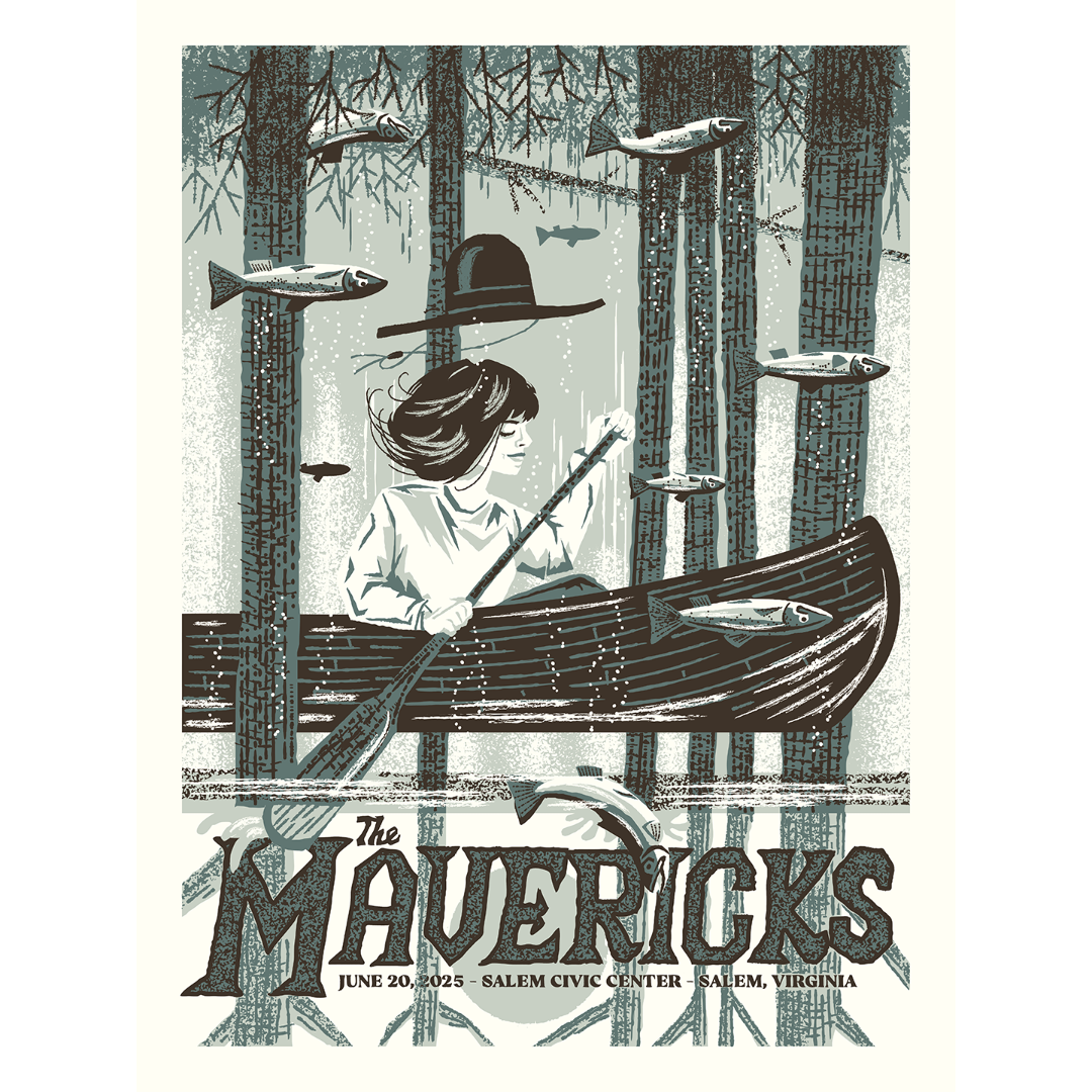 Illustration of a person in a boat with fishing rods and fish, set against a forest background. Event details for 'The Mavericks' are displayed at the bottom.