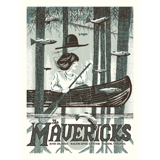 Illustration of a person in a boat with fishing rods and fish, set against a forest background. Event details for 'The Mavericks' are displayed at the bottom.