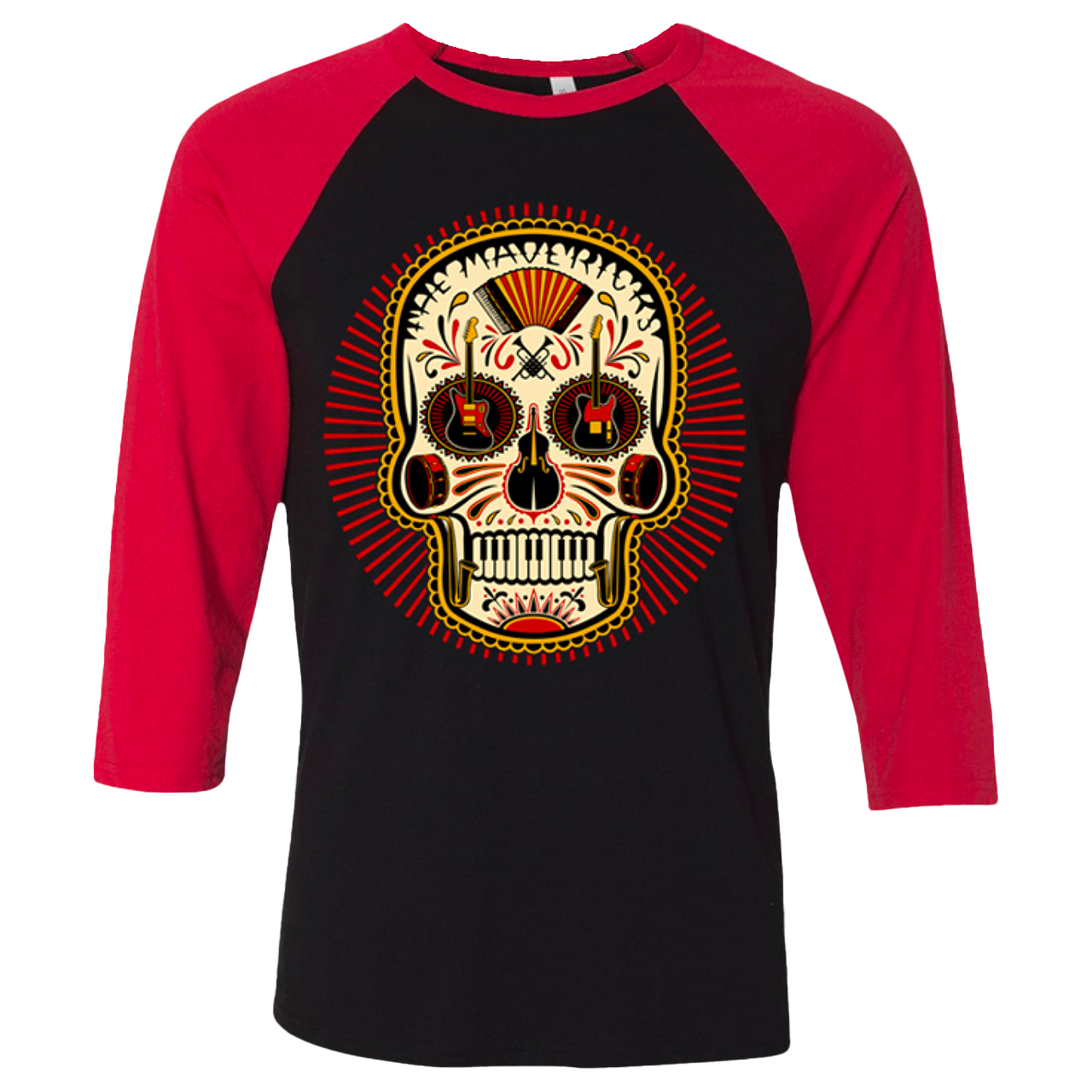 Baseball-style t-shirt featuring a colorful Day of the Dead sugar skull design on the front.