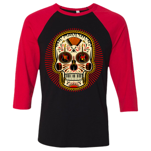 Baseball-style t-shirt featuring a colorful Day of the Dead sugar skull design on the front.