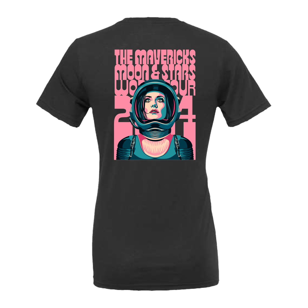 Black t-shirt with a pink and teal graphic design featuring an astronaut helmet.