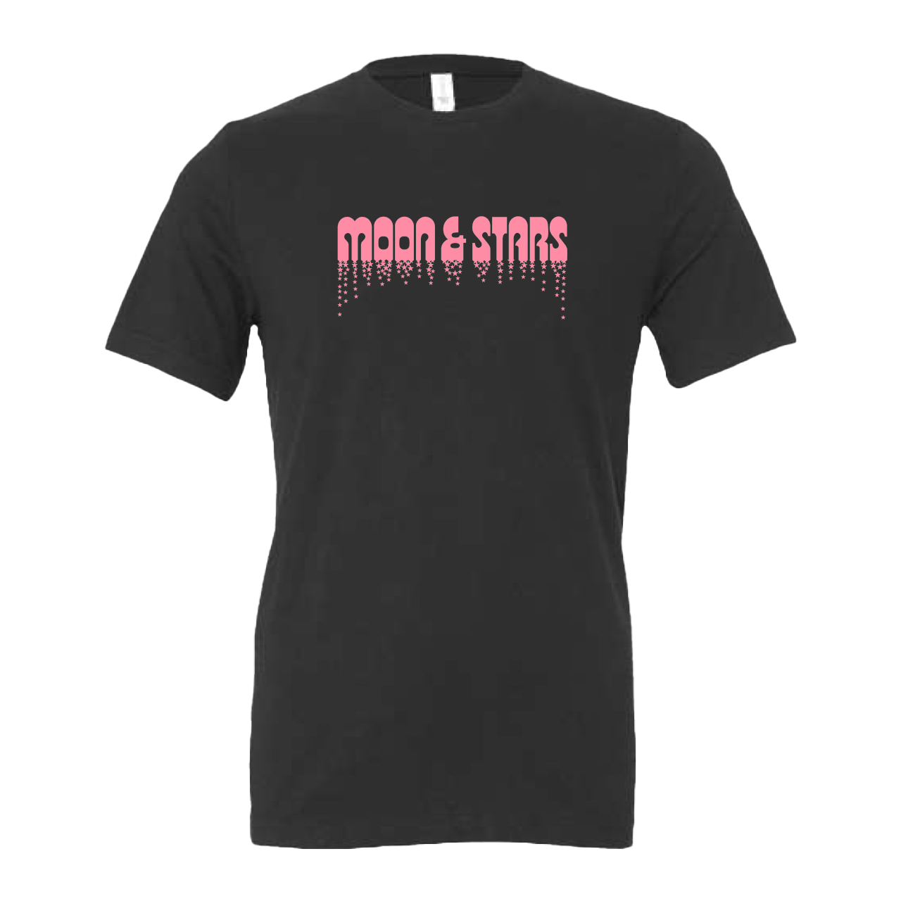 Black t-shirt with pink ’MOON & STARS’ text dripping downward.