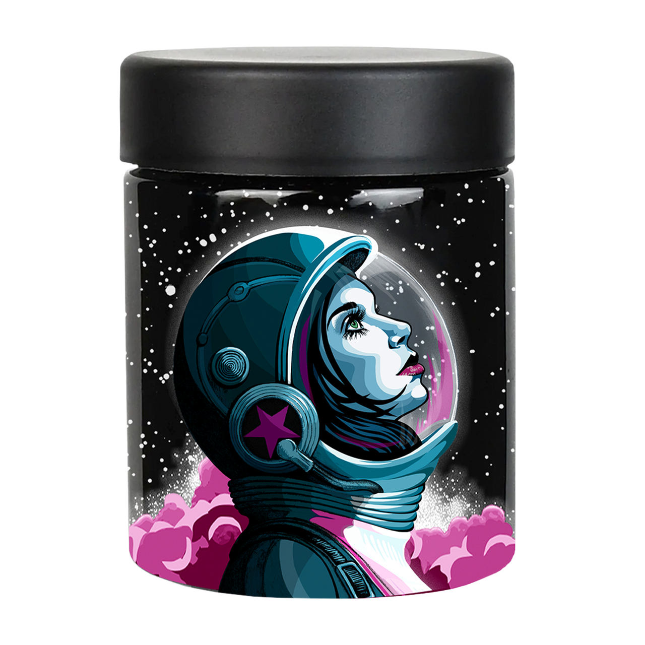 Cylindrical black container with a colorful space-themed illustration on its surface.