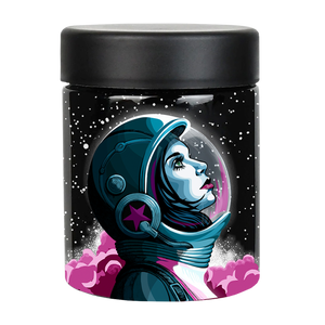 Cylindrical black container with a colorful space-themed illustration on its surface.