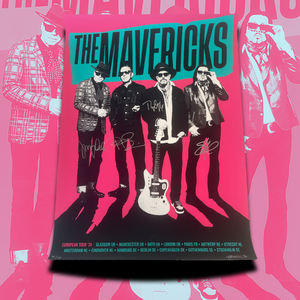 Concert poster for the band The Mavericks featuring silhouettes of four band members and a guitar.