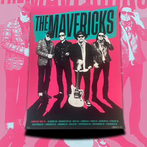 Concert poster for the band The Mavericks featuring four men in black attire with one holding a guitar.