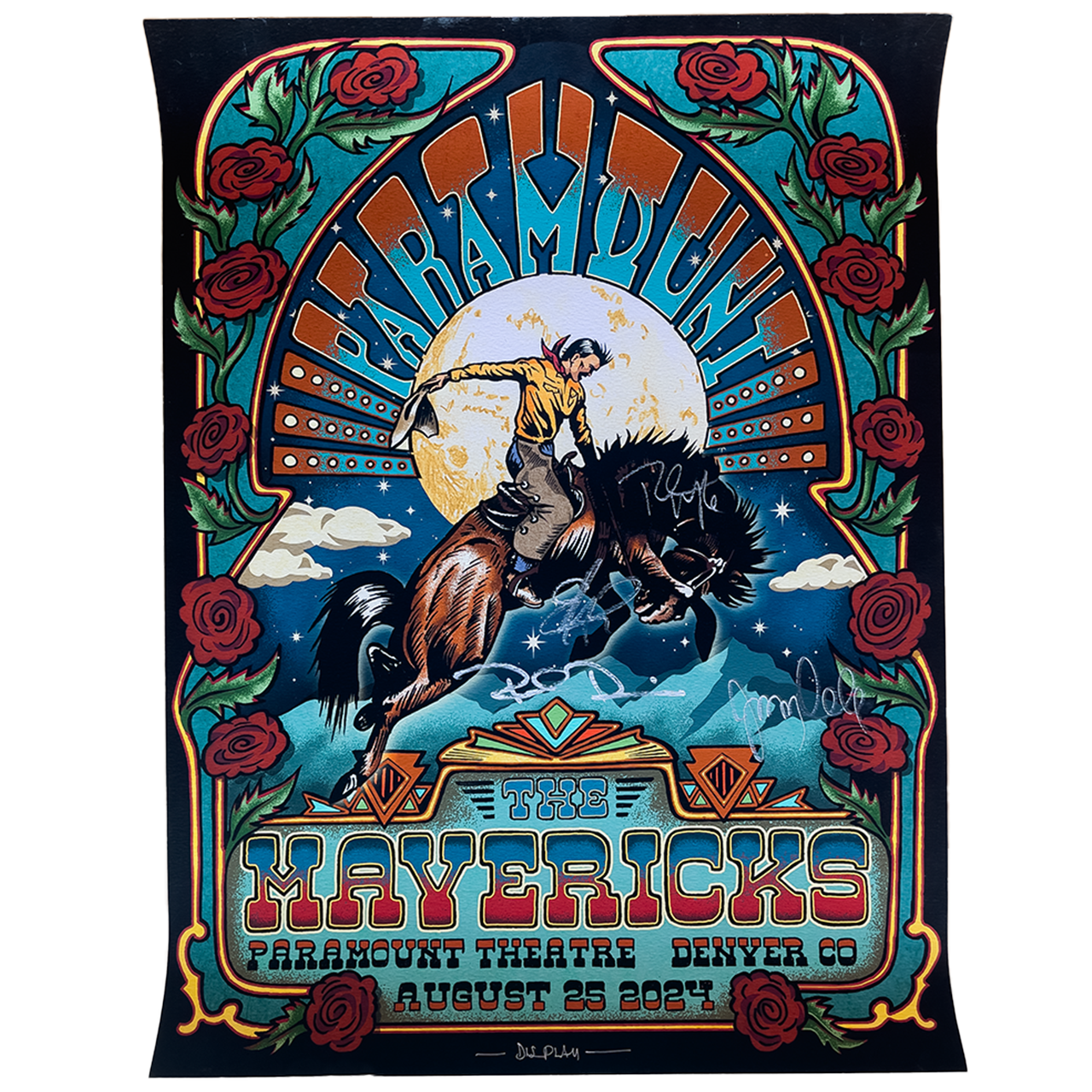 Colorful concert poster featuring a cowboy riding a bucking horse against a moon backdrop, surrounded by an ornate frame with roses.