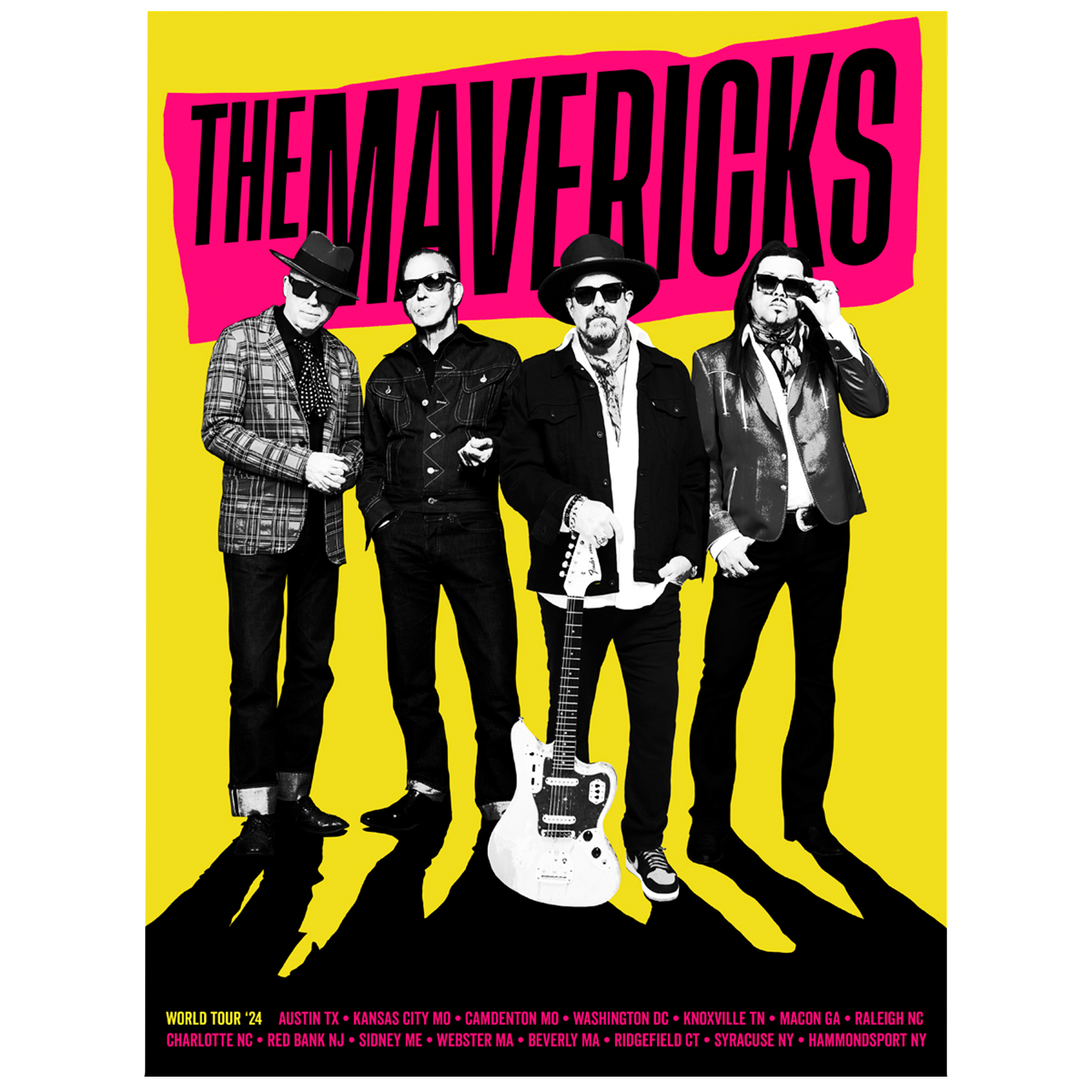 Promotional poster for a music group called The Mavericks featuring four band members and an electric guitar.