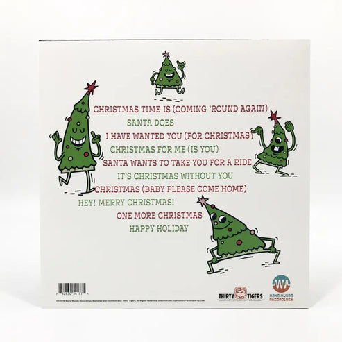 Album cover featuring cartoon Christmas trees with song titles or lyrics.