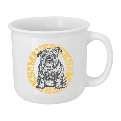 White mug with bulldog design.