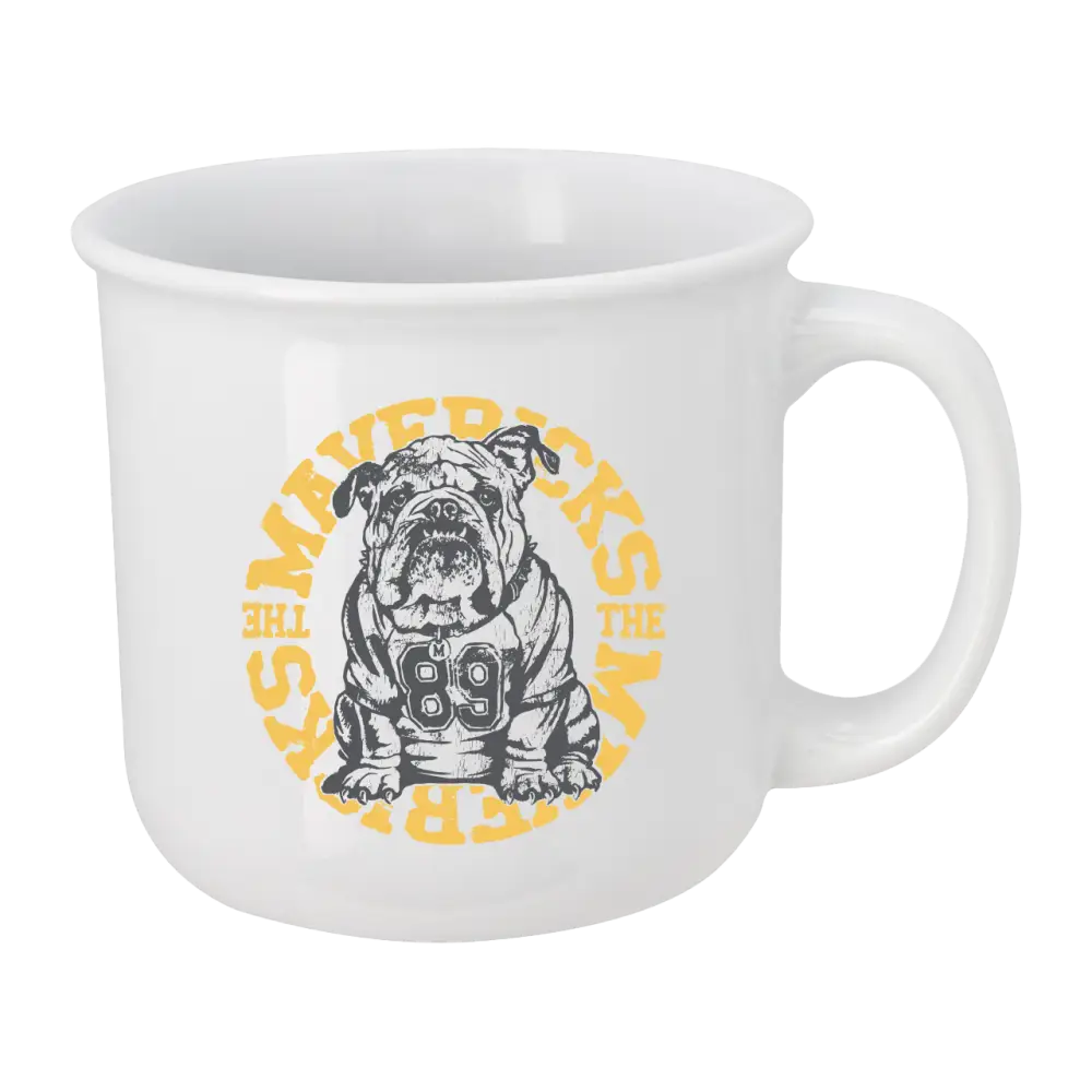 White mug with bulldog design.