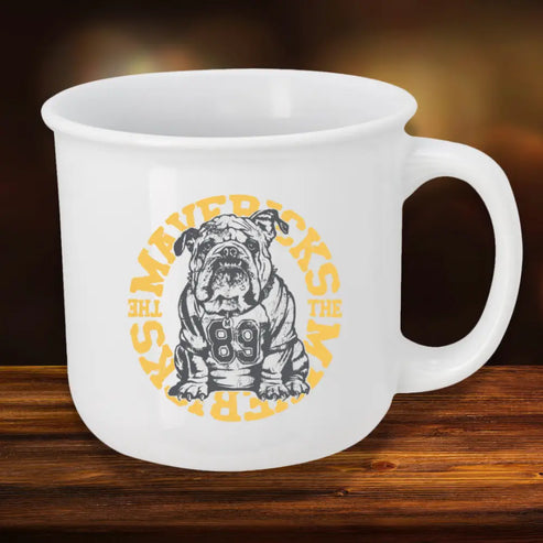 White mug with bulldog graphic.