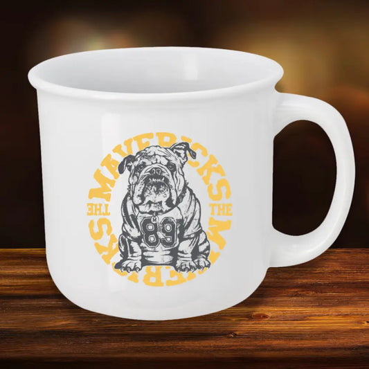 White mug with bulldog graphic.