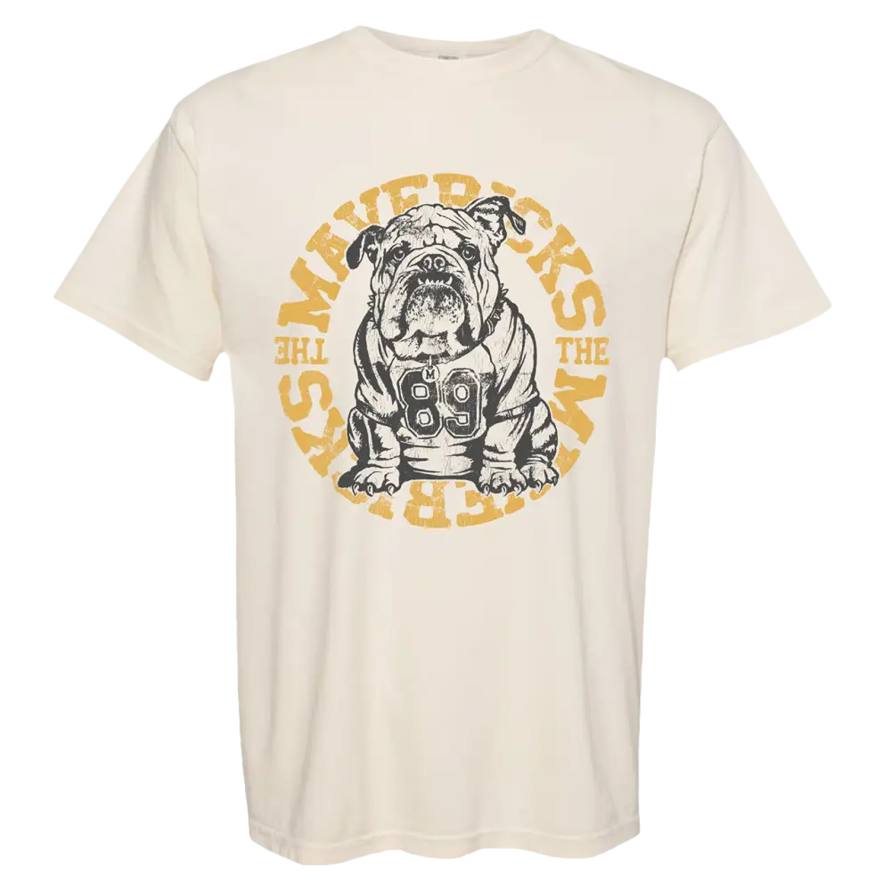 Beige t-shirt with bulldog graphic.