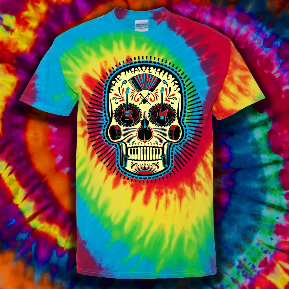 Tie-dye t-shirt featuring a colorful sugar skull design.