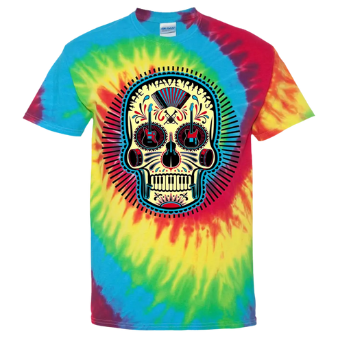 Tie-dye t-shirt featuring a colorful sugar skull design.