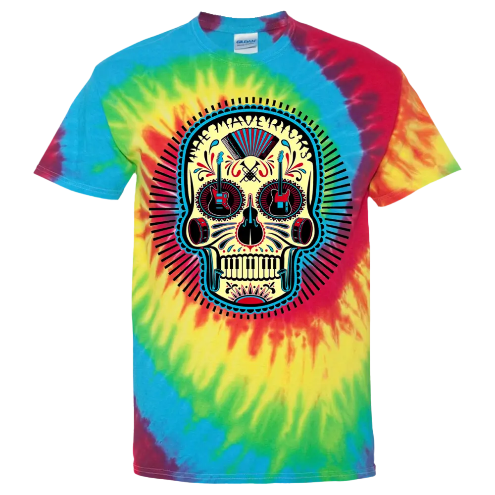Tie-dye t-shirt featuring a colorful sugar skull design.