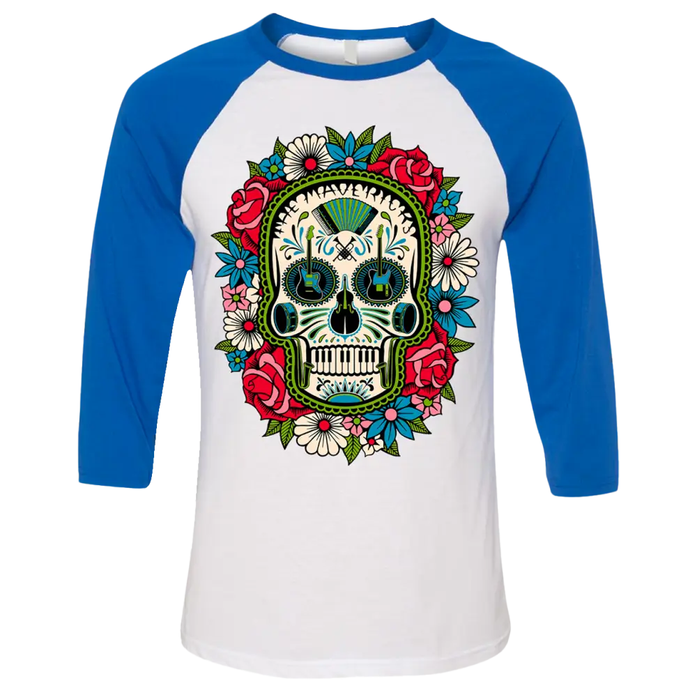Baseball-style t-shirt with a colorful sugar skull design on the front.