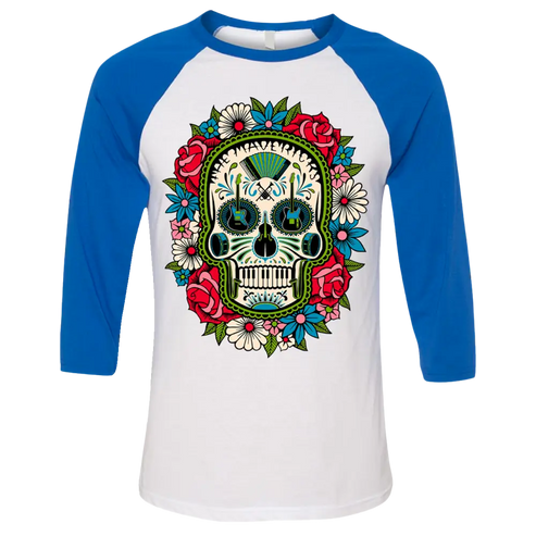 Baseball-style t-shirt with a colorful sugar skull design on the front.