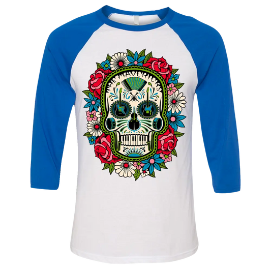 Baseball-style t-shirt with a colorful sugar skull design on the front.