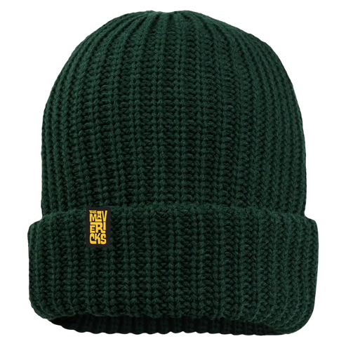 Dark green knitted beanie with a small yellow tag.