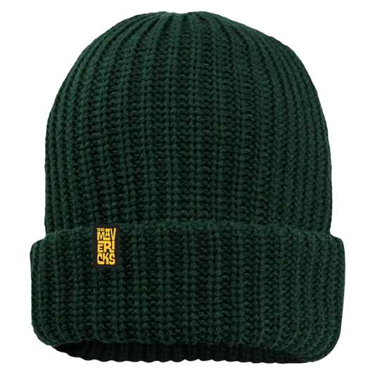 Dark green knitted beanie with a small yellow tag.