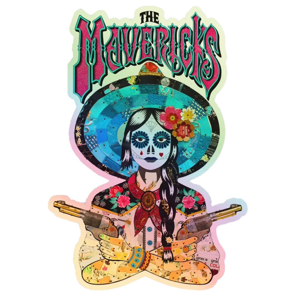Colorful sticker depicting a Day of the Dead-style figure with a sombrero and crossed guns.