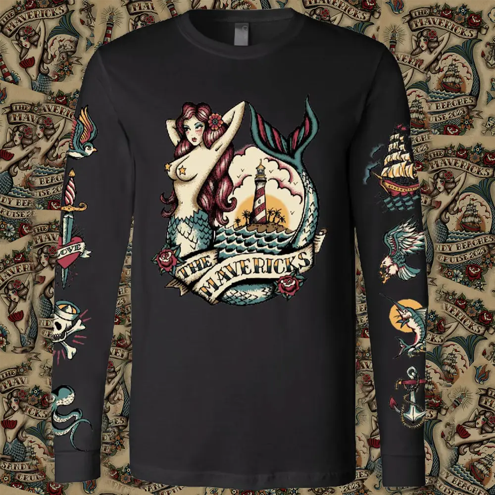 Black long-sleeved t-shirt featuring a colorful nautical-themed design with a mermaid and sailing ship.