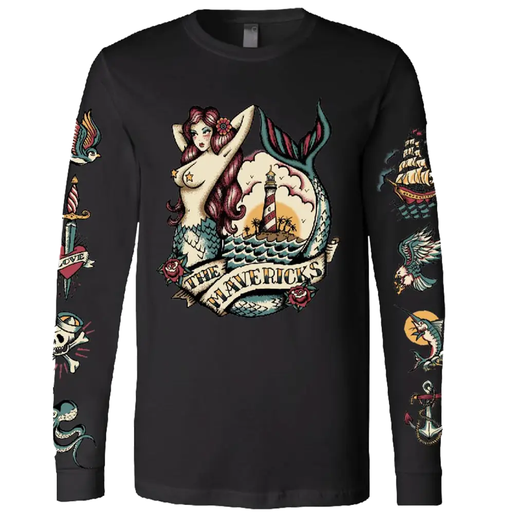 Black long-sleeved t-shirt with nautical-themed tattoo-style artwork featuring a mermaid and sailing ship.