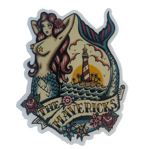Stylized tattoo-style illustration of a topless mermaid with a lighthouse scene and ’The Mavericks’ text.
