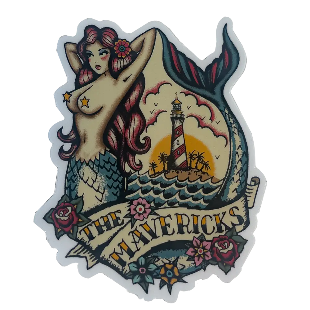 Stylized tattoo-style illustration of a topless mermaid with a lighthouse scene and ’The Mavericks’ text.