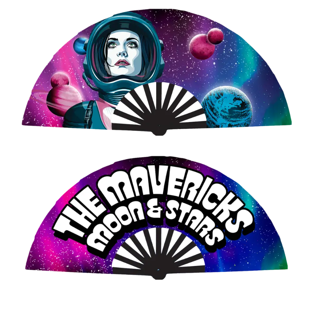 Decorative folding fans with space-themed artwork and text.
