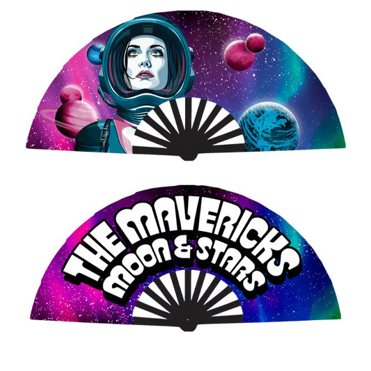 Decorative folding fans with space-themed artwork and text.