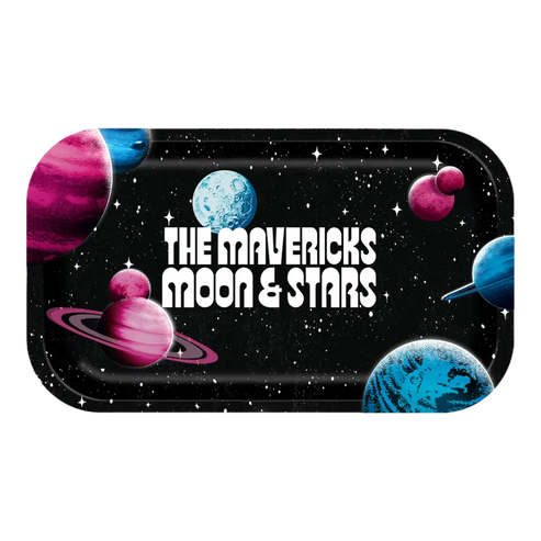 Colorful space-themed graphic design featuring planets and text ’THE MAVERICKS MOON & STARS’.
