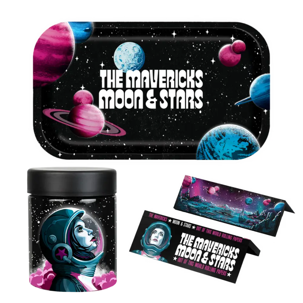 Rolling tray with a space-themed design featuring colorful planets and stars.