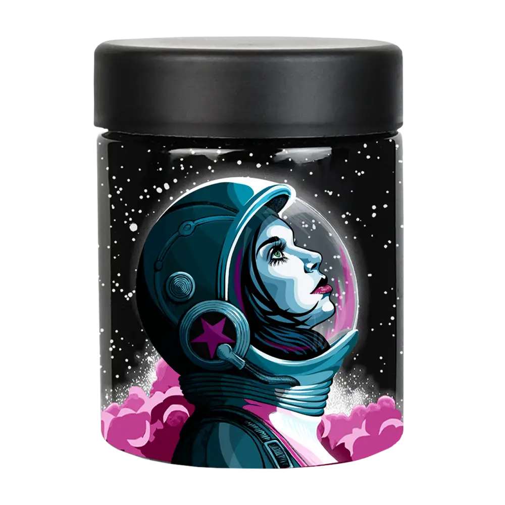 Cylindrical black container with a colorful space-themed illustration on its surface.