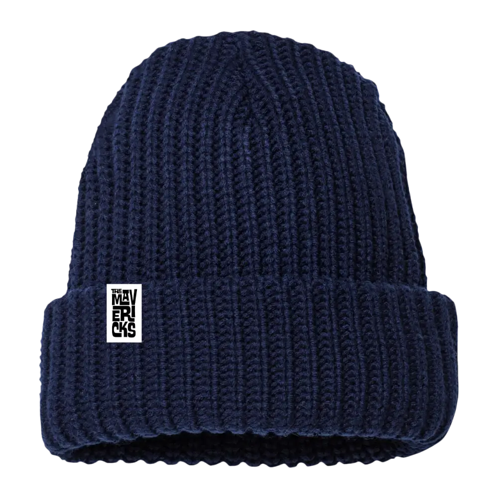 Navy blue knit beanie with a small white rectangular tag.