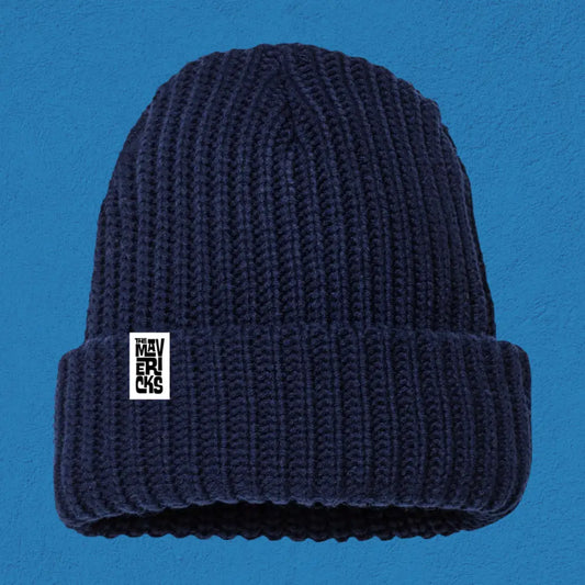 Navy blue knit beanie with a small white rectangular logo patch.